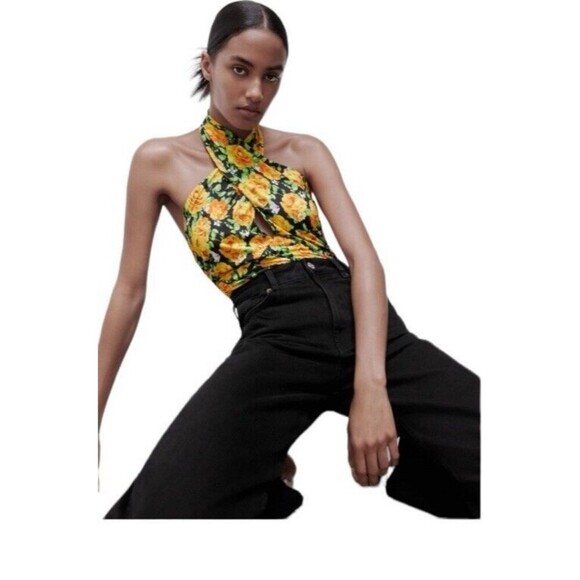 Zara Halter Top Bodysuit Size Small S Black Yellow Green Floral Twist Neck NWT - Picture 4 of 11